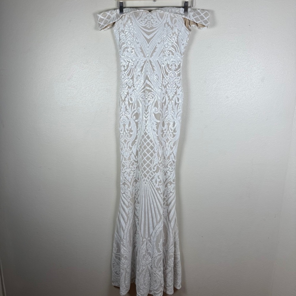 Fashion Nova White Sequin Off Shoulder Mermaid Gown Dress Womens Small